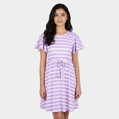 Girls' Lilac Mock Neck A-Line Snowflake Print Dress