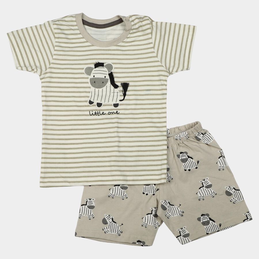 Infants' Grey Cotton Round Neck Zebra Graphic Print Baba Suit, Light Grey, large