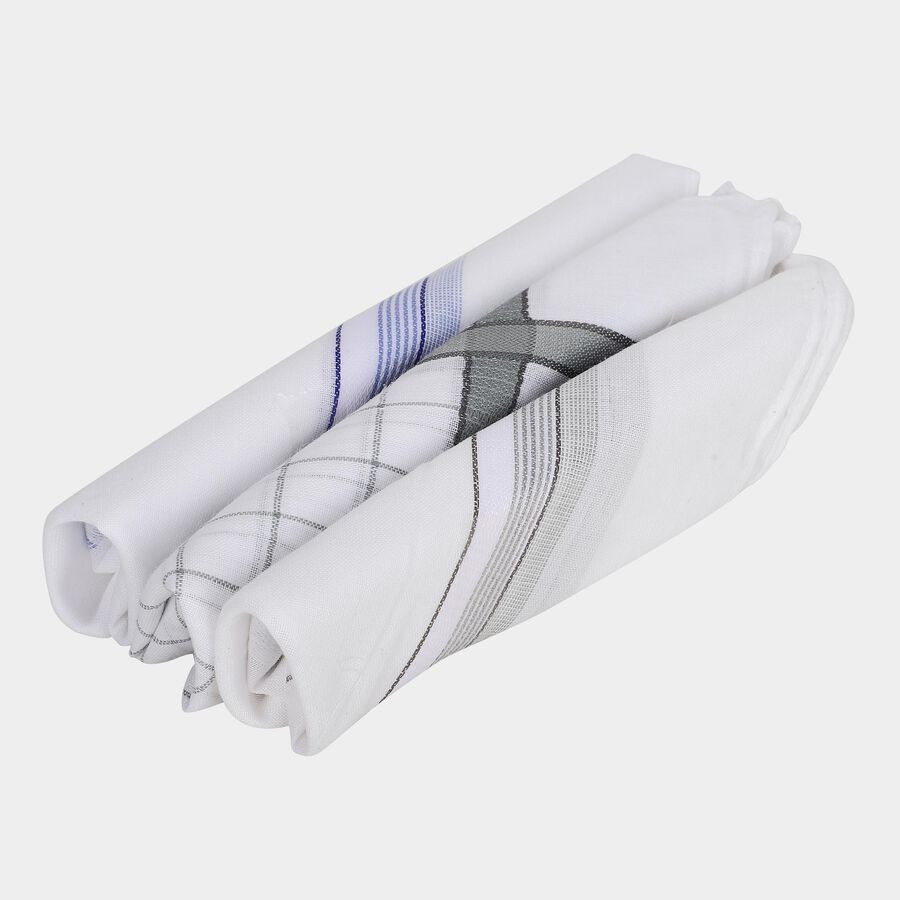 Men's White Striped and Checked Pack of 3 Handkerchief, हल्का ग्रे, large