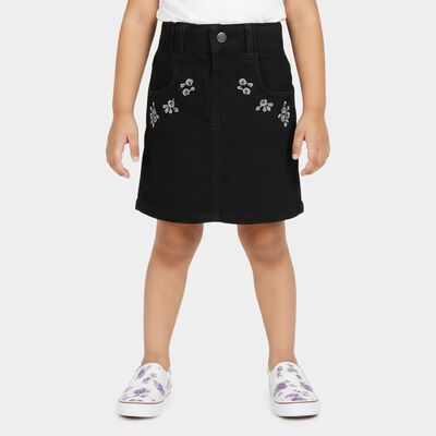 Girls' Black Regular Fit Embroidered Denim Skirt