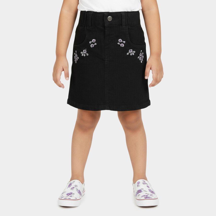 Girls' Black Regular Fit Embroidered Denim Skirt, काला, large