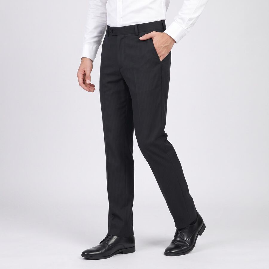 Men's Navy Blue Slim Fit Pinstriped Formal Trousers, Navy Blue, large