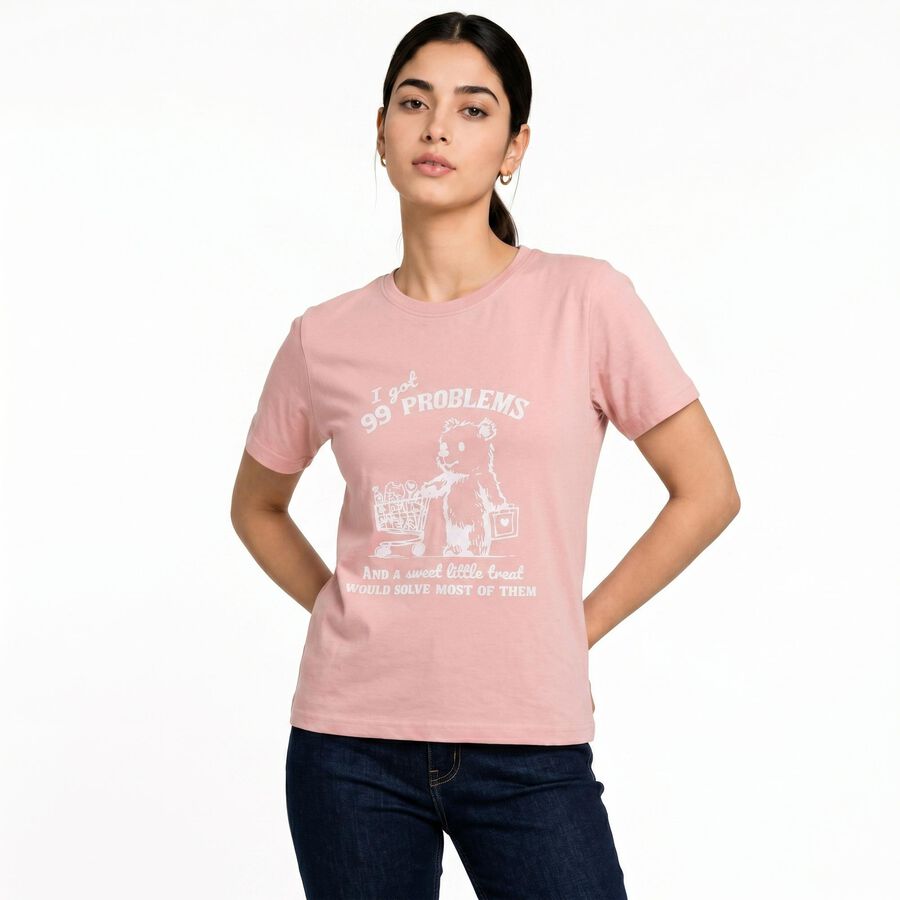 Women's Pink Round Neck Regular T-Shirt, Light Pink, large
