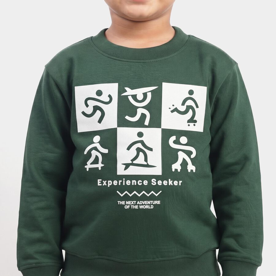 Boys' Green Crew Neck Graphic Print Sweatshirt, गहरा हरा, large
