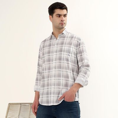 Men's Muted Grey and White Cotton Full Sleeve Spread Collar Casual Shirt