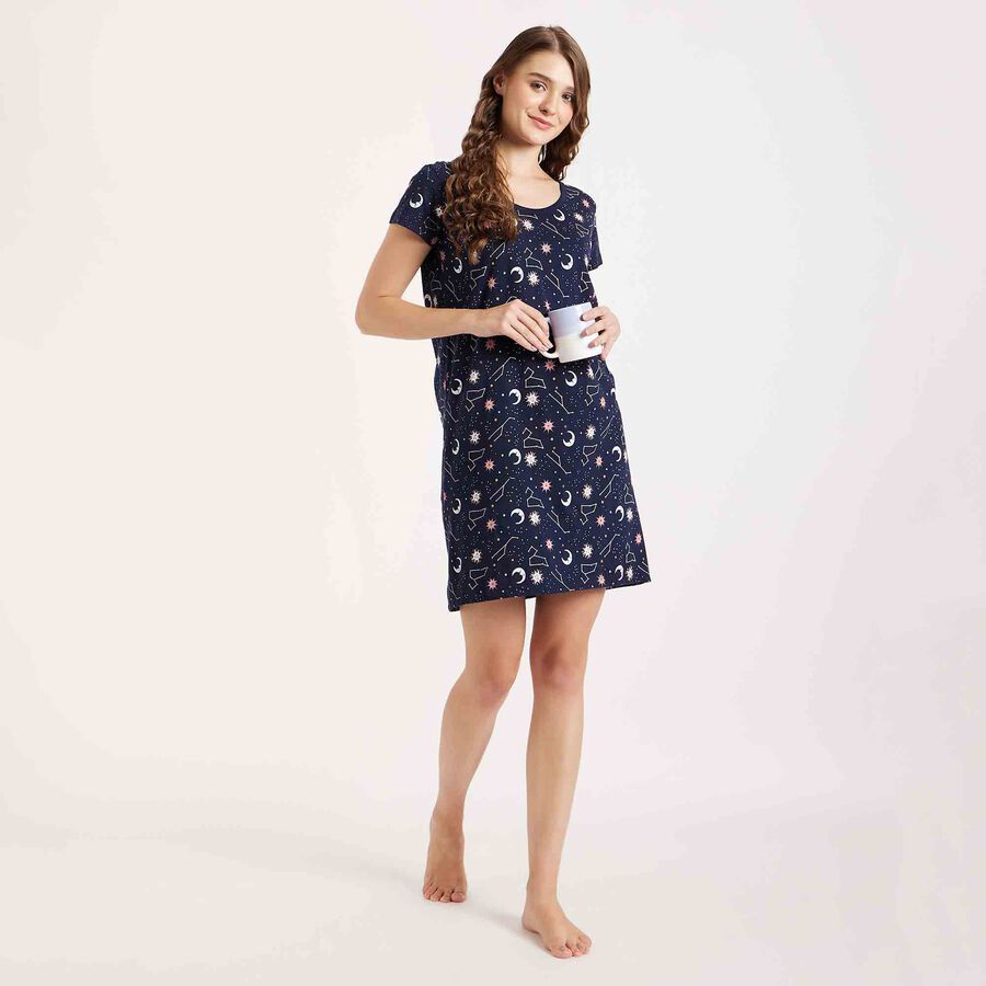 Printed Knee Length Nighty, Navy Blue, large image number null
