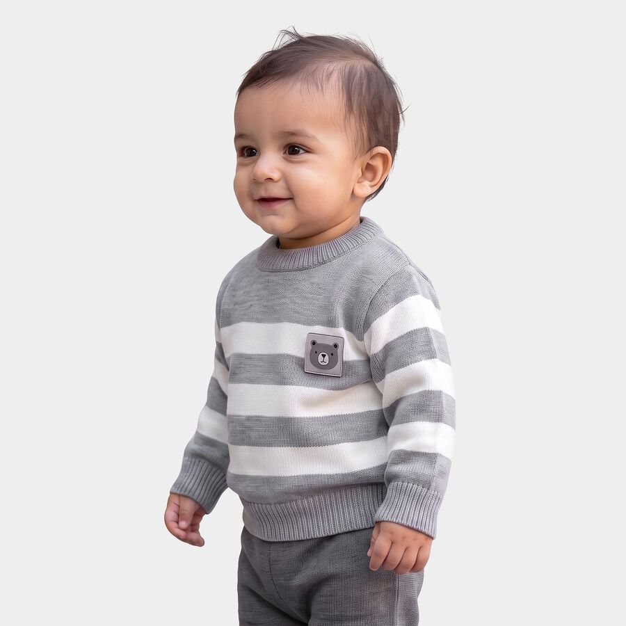 Infants Grey Crew Neck Striped Pullover, हल्का ग्रे, large
