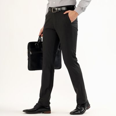 Men's Charcoal Black Slim Fit Flat-Front Formal Trousers