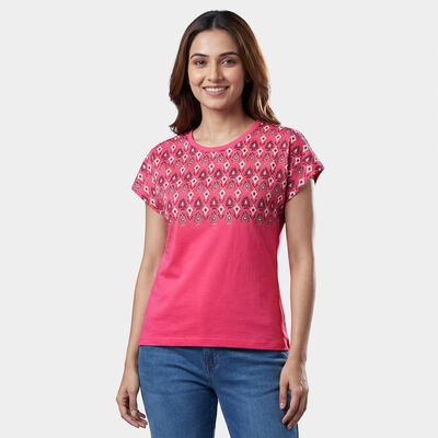 Women's Fuchsia Round Neck Graphic Printed T-Shirt