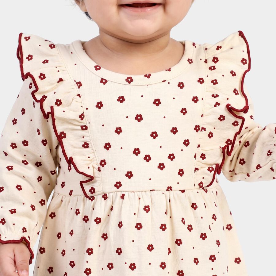 Infants' Cream Floral Printed Fit and Flare Frock, ऑफ व्हाइट, large