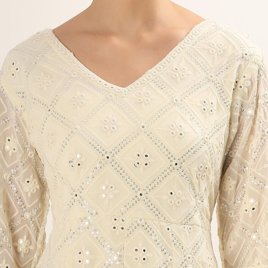 Women's Cream V-Neck Embroidered Kurta, ऑफ व्हाइट, large image number null