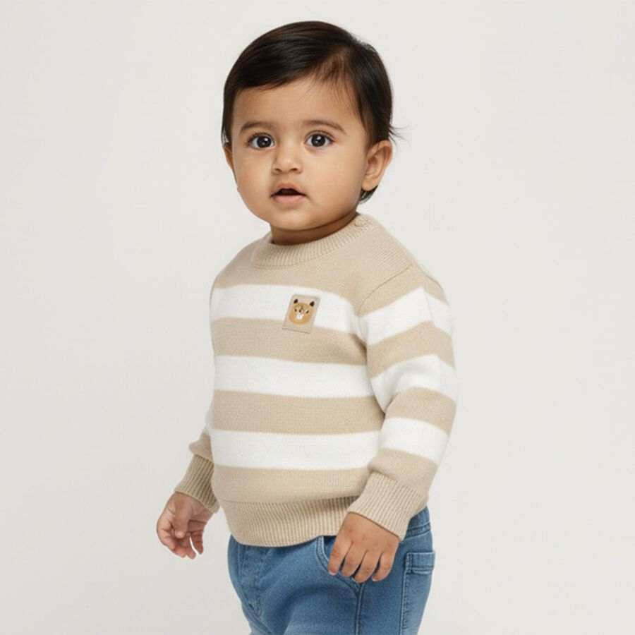 Infants Beige and White Crew Neck Striped Pullover, गहरा पीला, large image number null