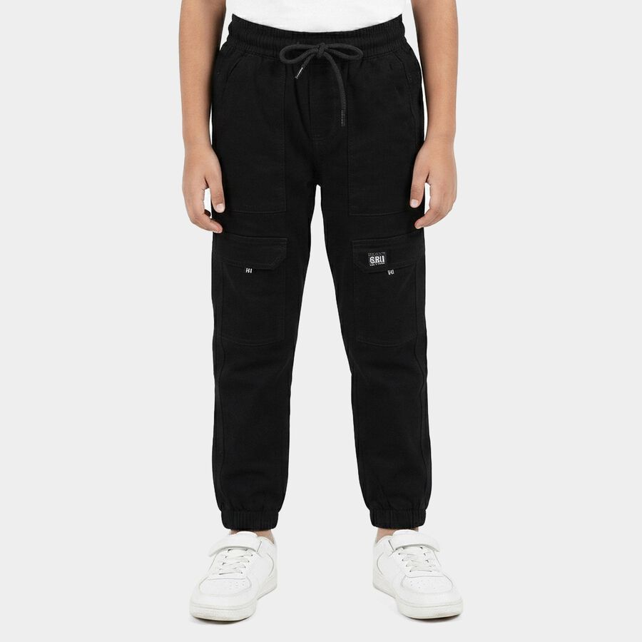 Boys' Black Regular Fit Cargo Jogger Trousers, काला, large