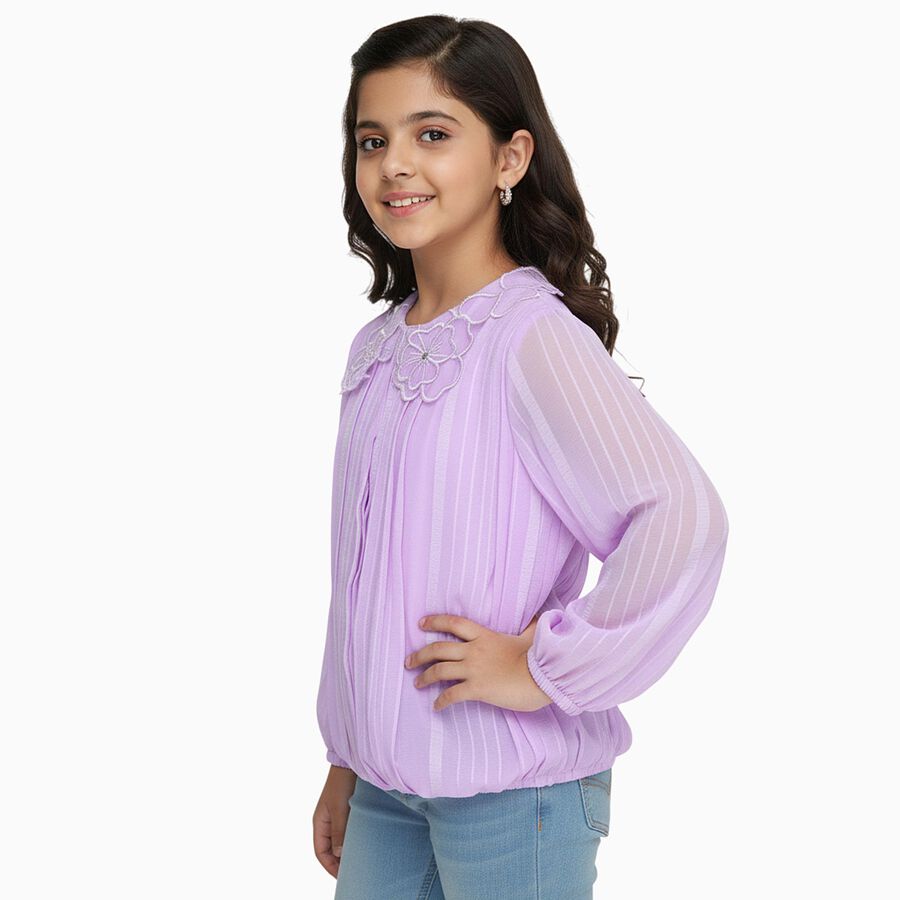 Girls Soft Lavender Peter Pan Collar Casual T-Shirt, Lilac, large image number null