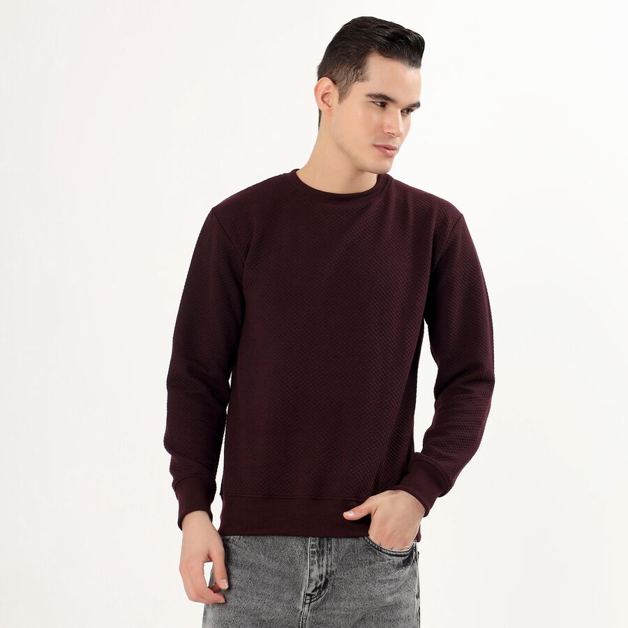 Men's Deep Burgundy Crew Neck Textured Sweatshirt, Wine, large image number null
