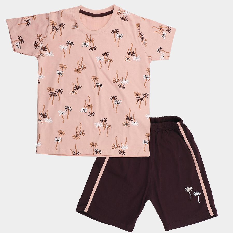 Boys Beige Cotton Round Neck Printed Baba Suit, Beige, large