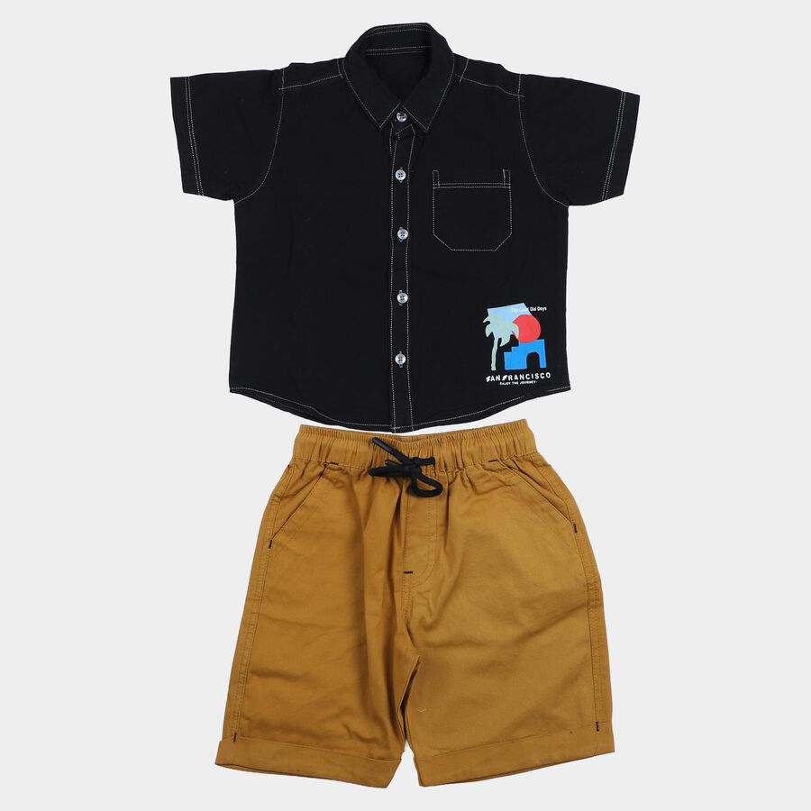 Boys' Black 100% Cotton Collar Neck Graphic Print Baba Suit, Black, large