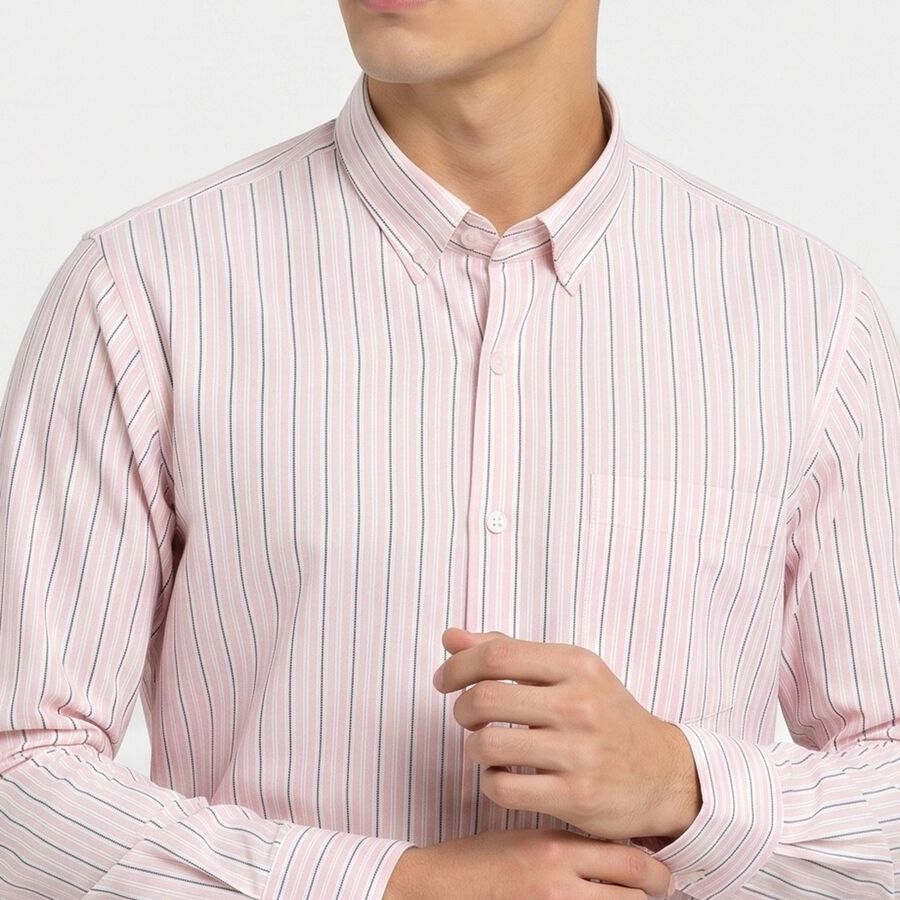 Men's Pink Striped Spread Collar Regular Fit Formal Shirt, Light Pink, large