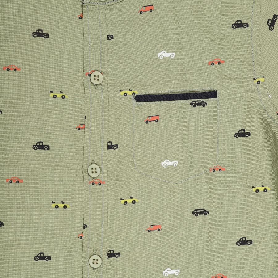 Infants' Muted Olive Green Cotton Mandarin Collar Casual Shirt, Olive, large