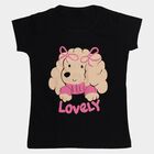 Girls' Black Round Neck Casual T-Shirt, काला, small