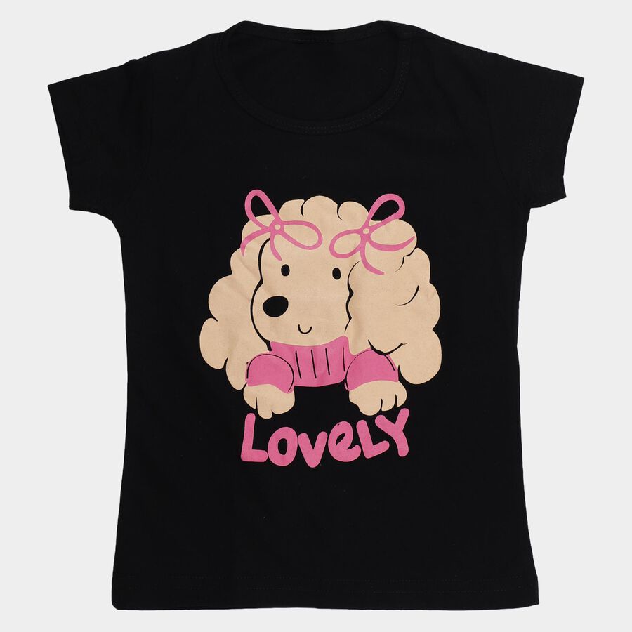 Girls' Black Round Neck Casual T-Shirt, काला, large