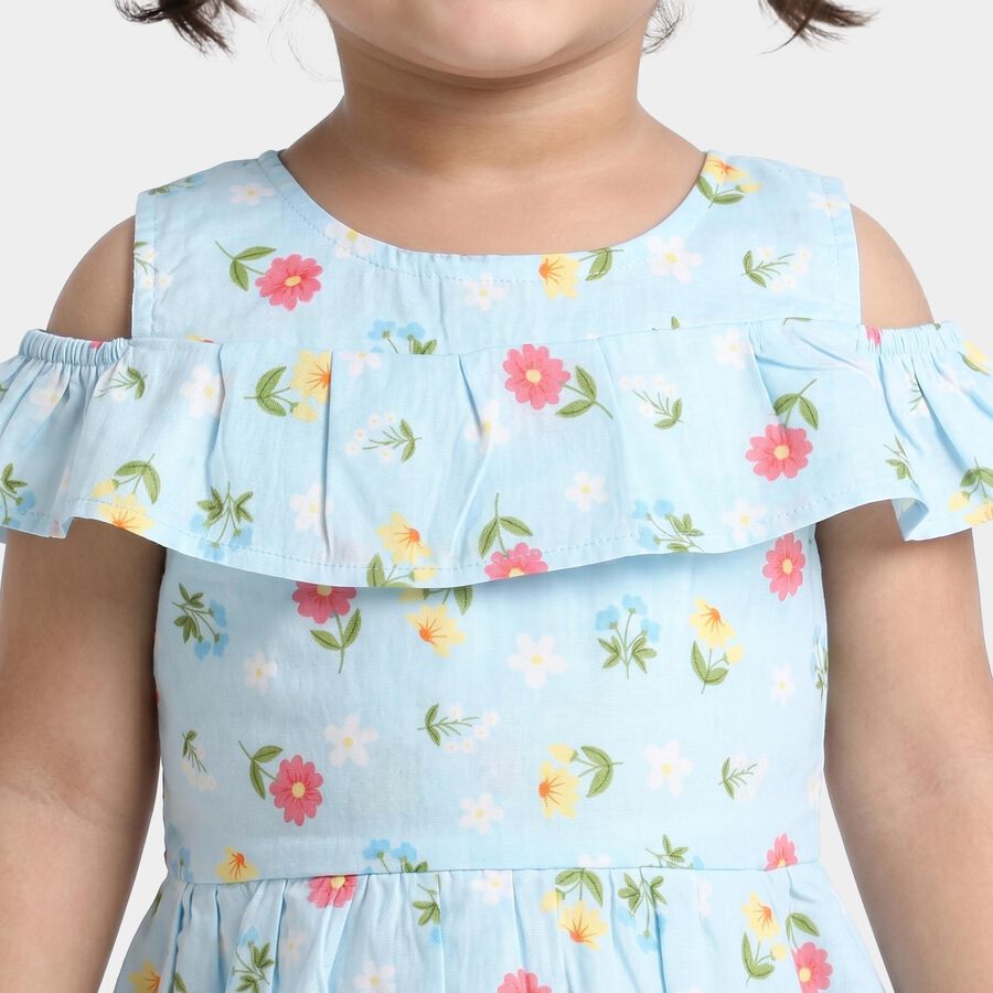 Girls' Light Blue Floral Printed Fit and Flare Frock, Light Blue, large