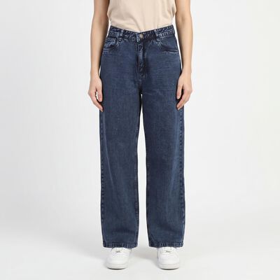 Women's Navy Blue Wide Leg Washed Jeans
