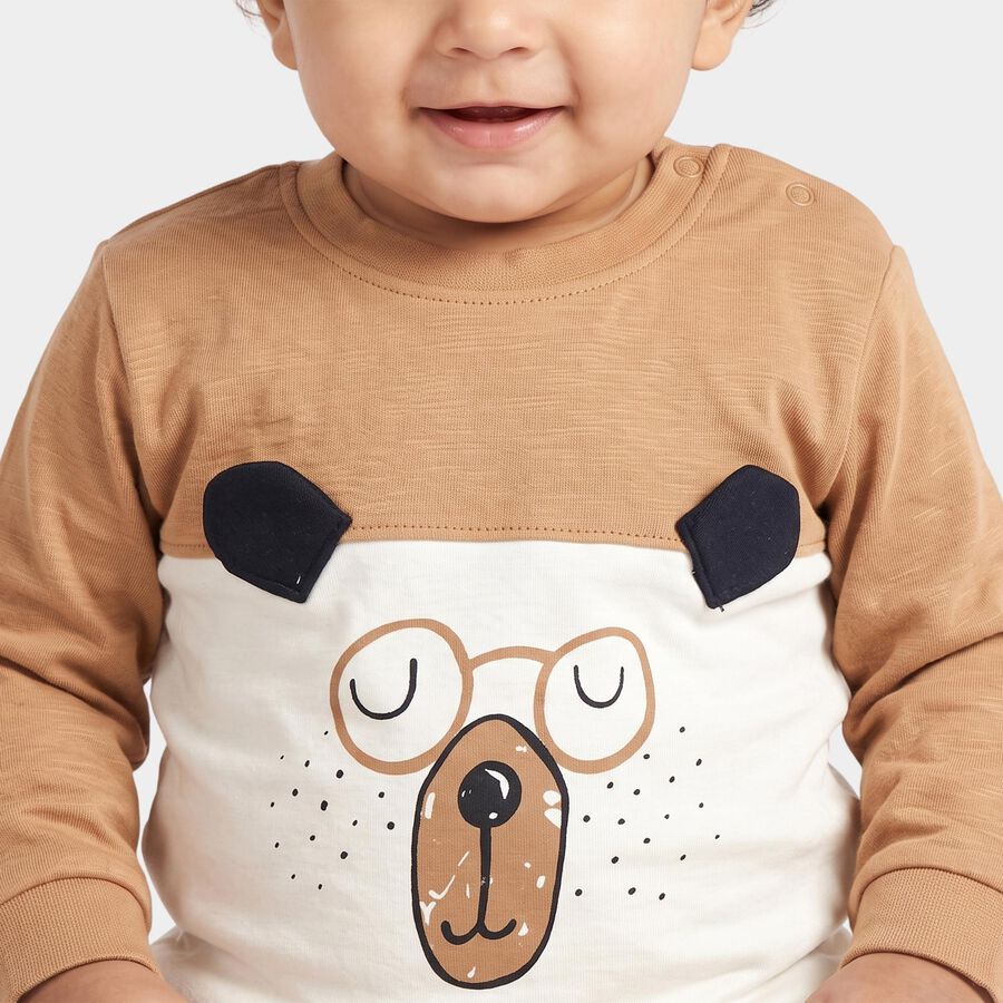 Infants' Beige 100% Cotton Round Neck Graphic Print Baba Suit, गहरा पीला, large