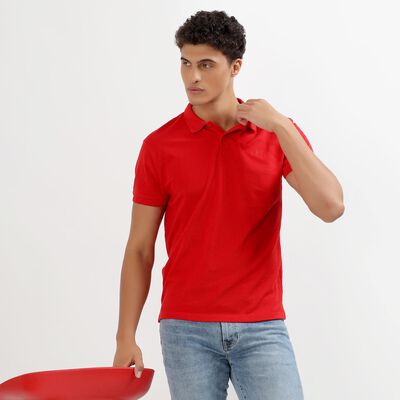 Men's Bright Cherry Red Polo Neck Half Sleeve T-Shirt