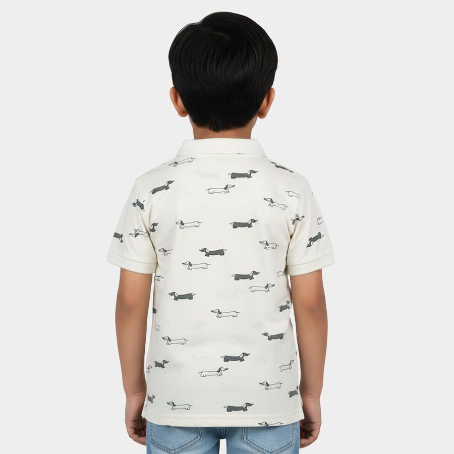 Boys' Off White Cotton Polo Collar Printed T-Shirt, Off White, large