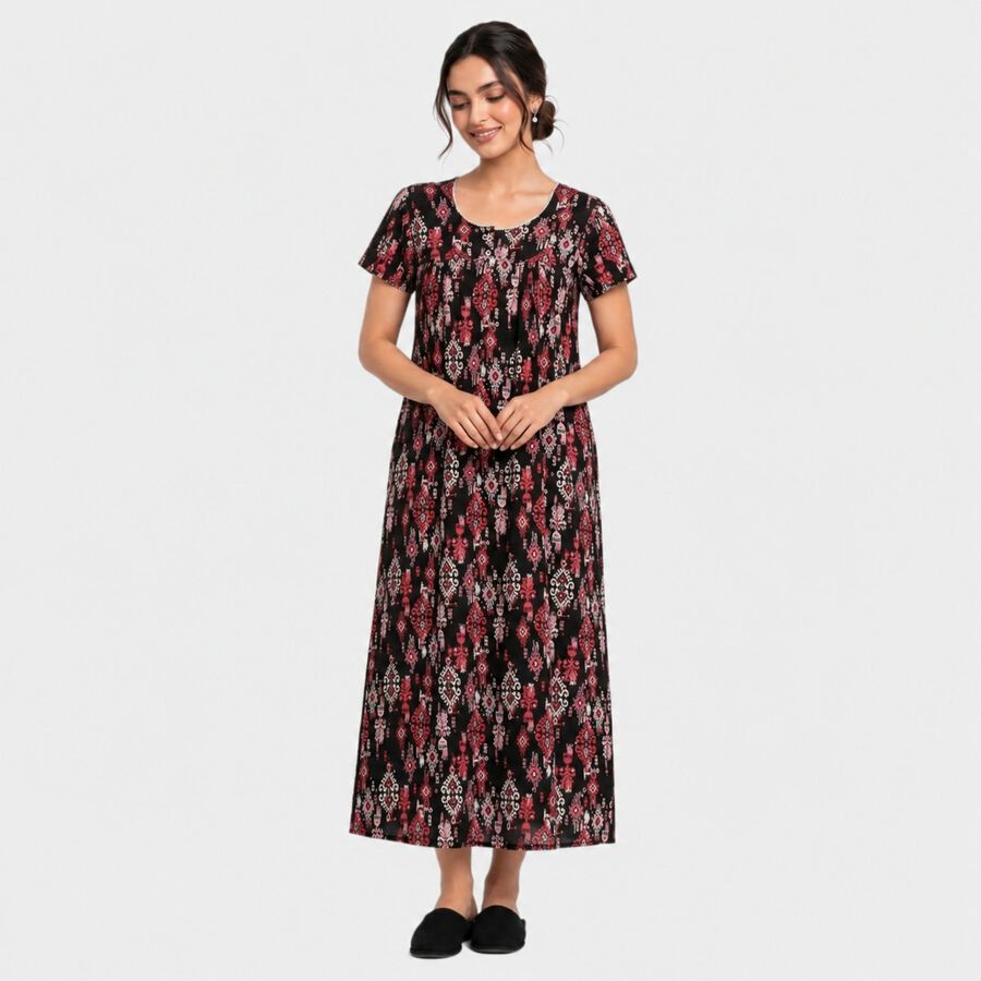 Women's Black Round Neck Maxi Nighty, Black, large