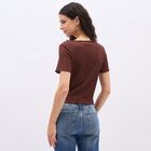 Women's Deep Brown Lettuce Edge Neckline Casual Top, भूरा, small image number null