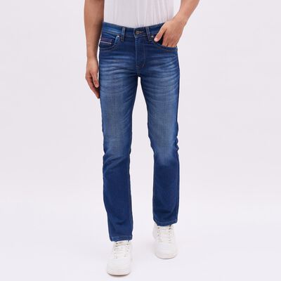 Men's Stonewashed Blue Slim Fit Five-Pocket Jeans, गहरा नीला Men's Stonewashed Blue Slim Fit Five-Pocket Jeans