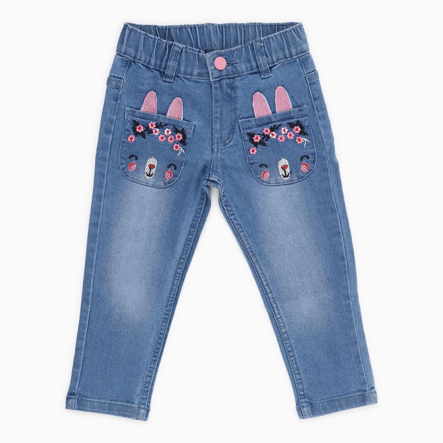 Girls' Light Blue Straight Fit Bunny Embroidered Jeans, हल्का नीला, large image number null