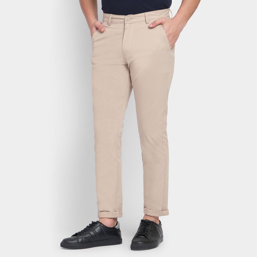 Men's 100% Cotton Slim Fit Casual Trousers , Beige, large image number null