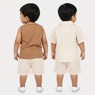 Infants' Beige 100% Cotton Camp Collar Striped Baba Suit, Beige, small