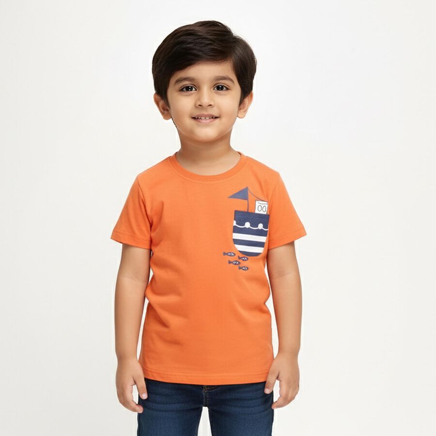 Boys Vibrant Orange Cotton Round Neck Casual Half Sleeve T-Shirt, Rust, large image number null