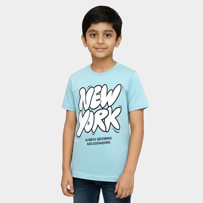 Boys Light Blue Round Neck Casual Graphic T-Shirt