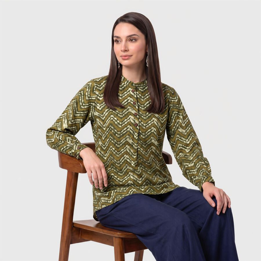 Women's Olive Green Mandarin Collar Geometric Kurti, ओलिव, large