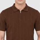 Men's Brown Cotton Polo Neck Solid T-Shirt, भूरा, small