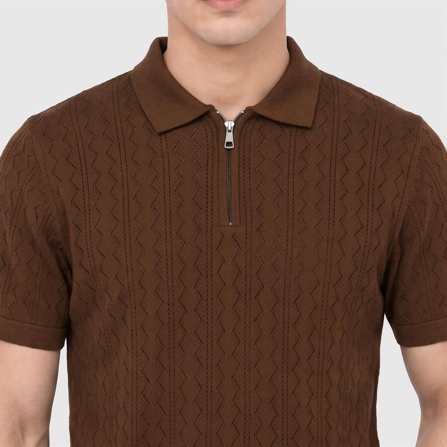 Men's Brown Cotton Polo Neck Solid T-Shirt, भूरा, large