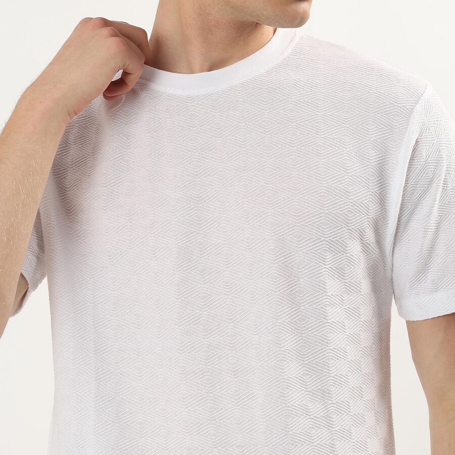 Men's White Round Neck Self Design Half Sleeves T-Shirt, White, large