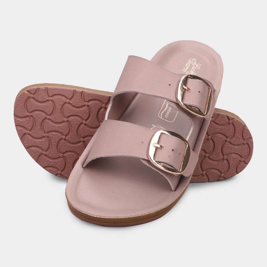 Women's Muted Pink Buckle Strap Flat Sandals, बैंगनी, large