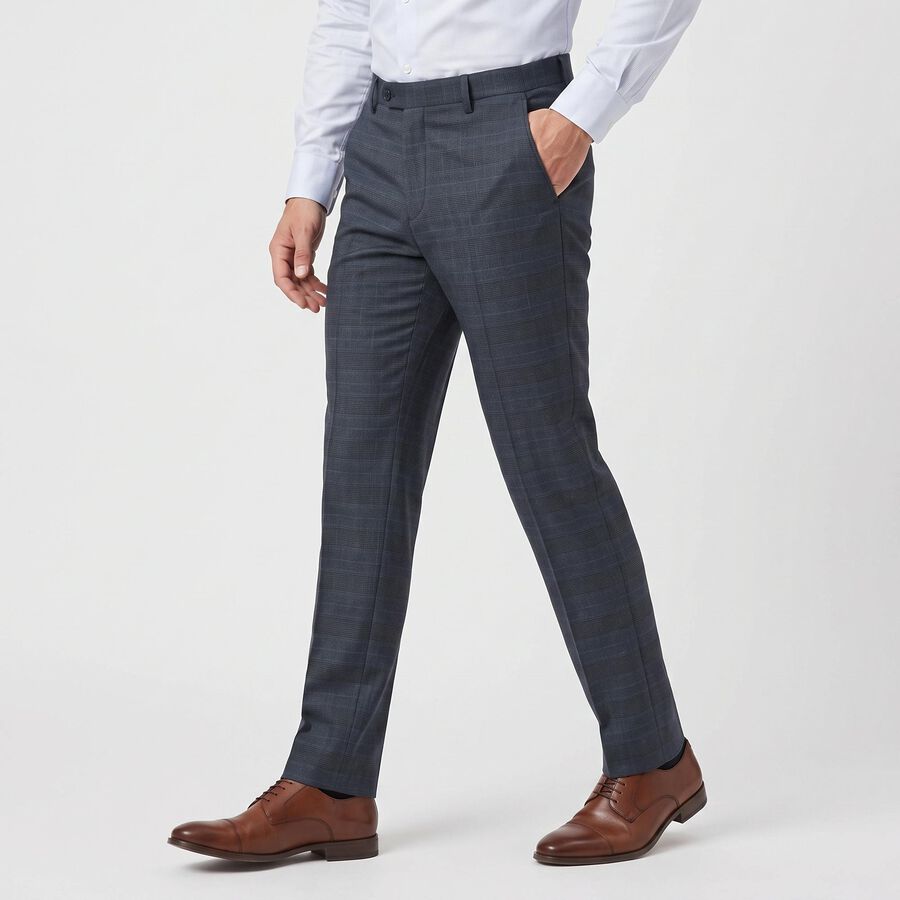Men's Navy Blue Slim Fit Checked Formal Trousers, नेवी ब्लू, large