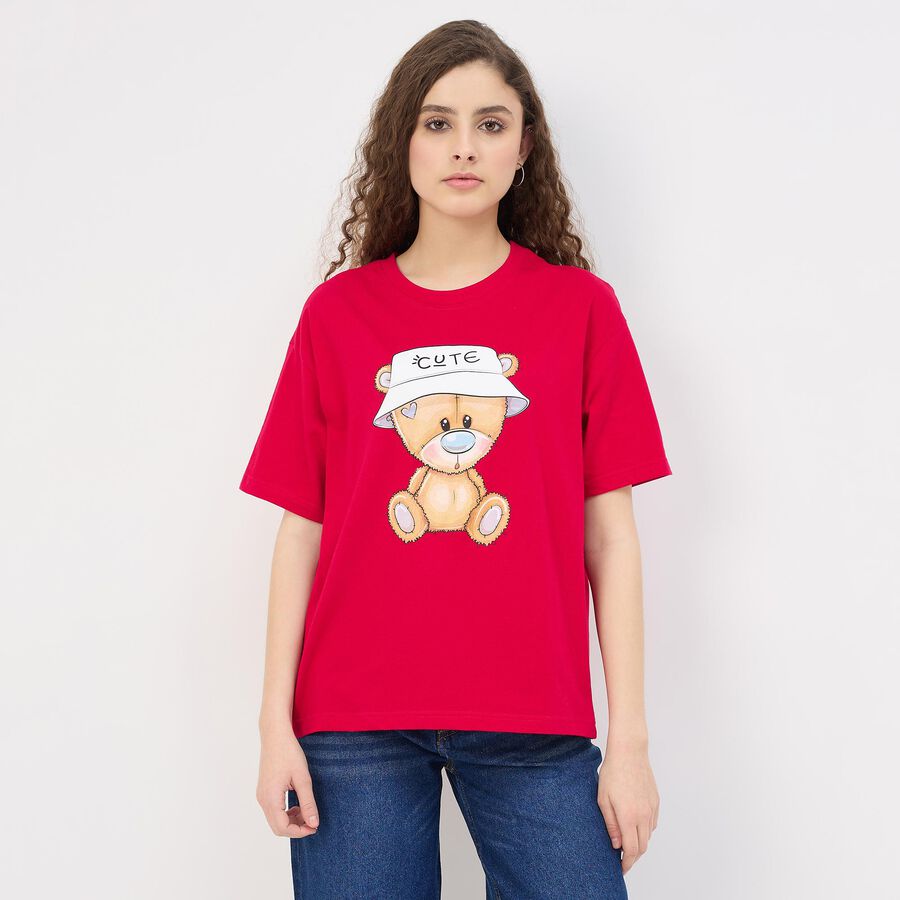 Women's Muted Peach Cotton Round Neck Casual Graphic T-Shirt, रानी (फ्यूशिया), large