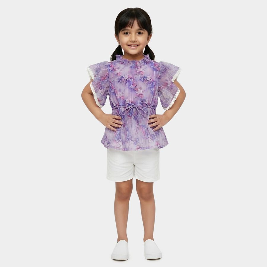 Girls' Purple Ruffle Neck Floral Romantic T-Shirt, Lilac, large