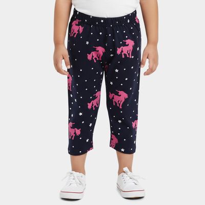 Girls' Navy Blue Regular Fit Unicorn Printed Cotton Capri