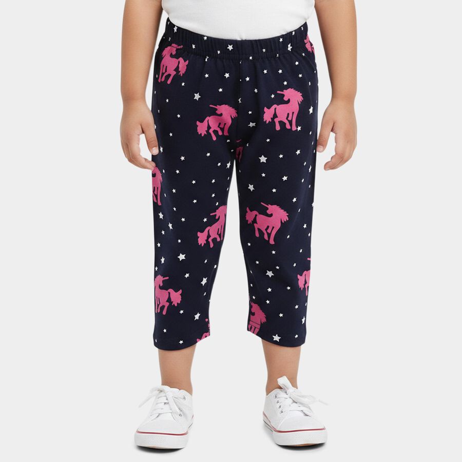 Girls' Navy Blue Regular Fit Unicorn Printed Cotton Capri, Navy Blue, large