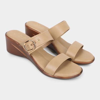 Women's Light Beige Buckle Strap Wedge Sandals