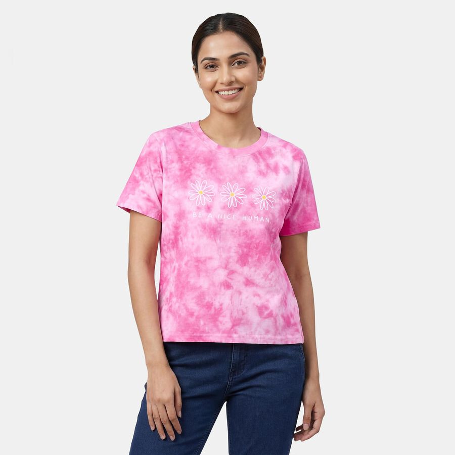 Women's Pink Cotton Round Neck Casual T-Shirt, गुलाबी, large